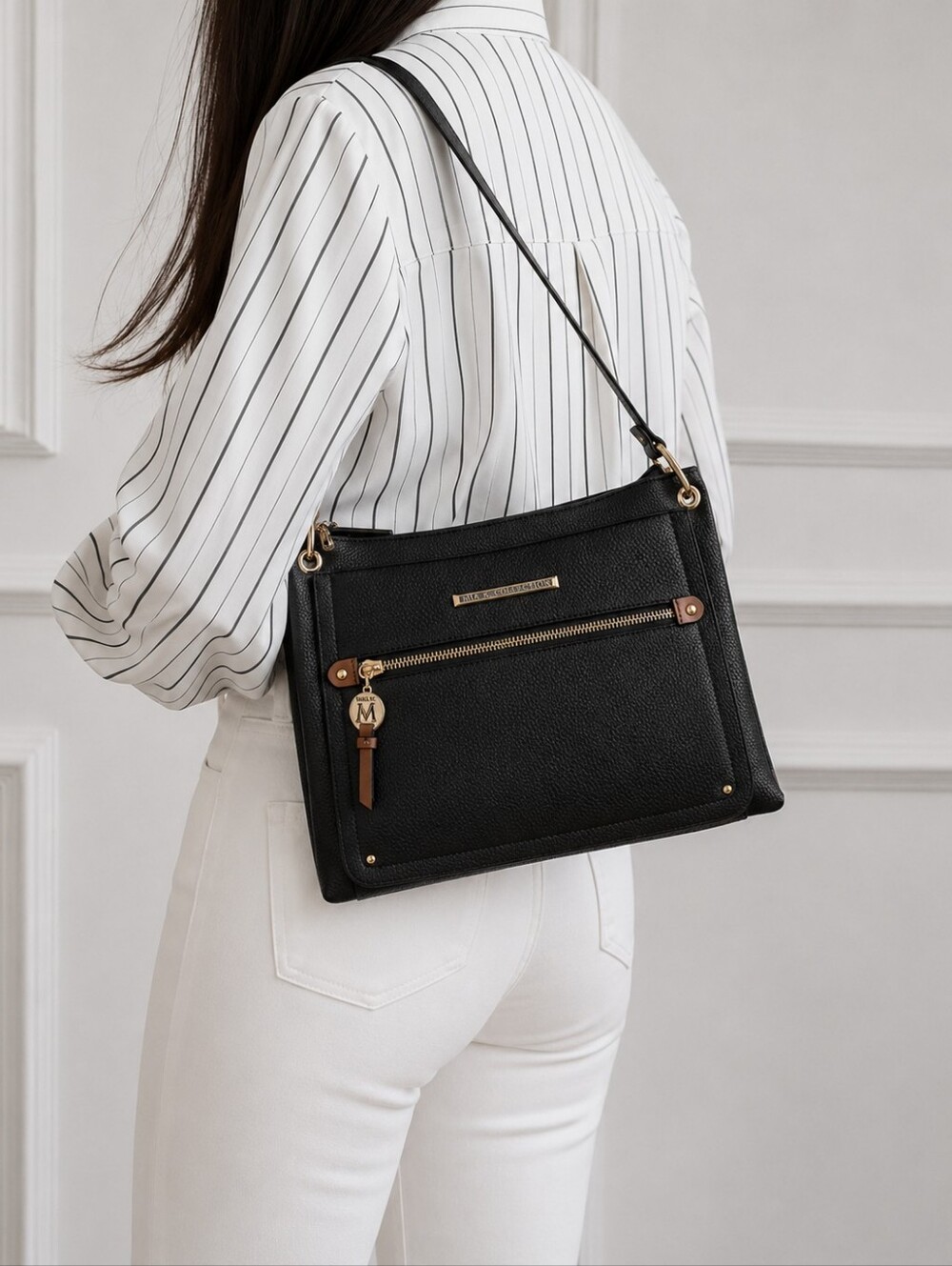 Mia K Collection Aliyah Black Crossbody Bag Brown Trim Gold Hardware